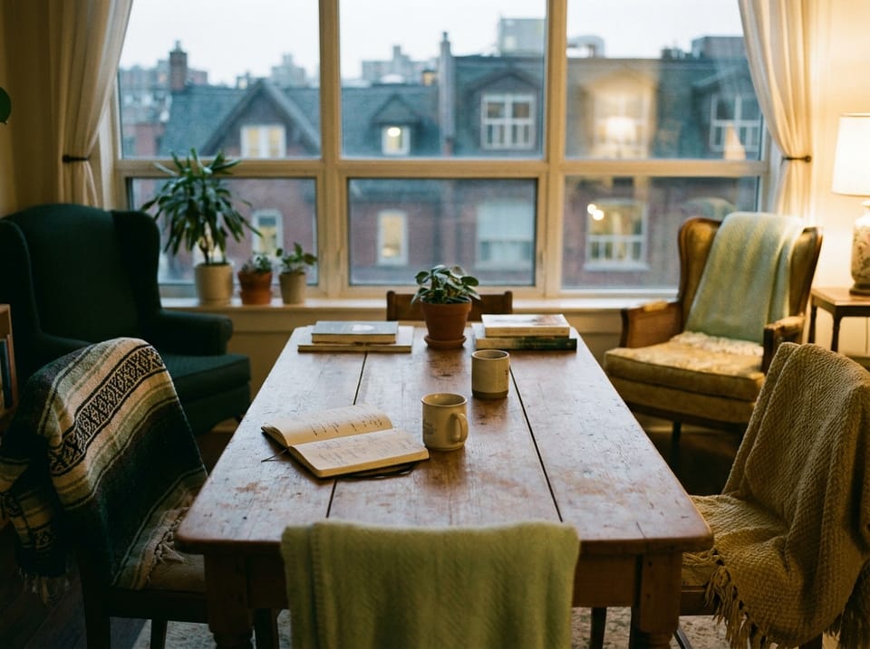 A quiet workspace at dusk, city rooftops through the window