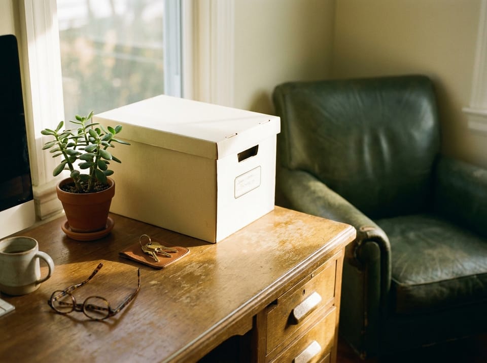 A tidy home office corner with a labelled file box, house keys and reading glasses in afternoon light