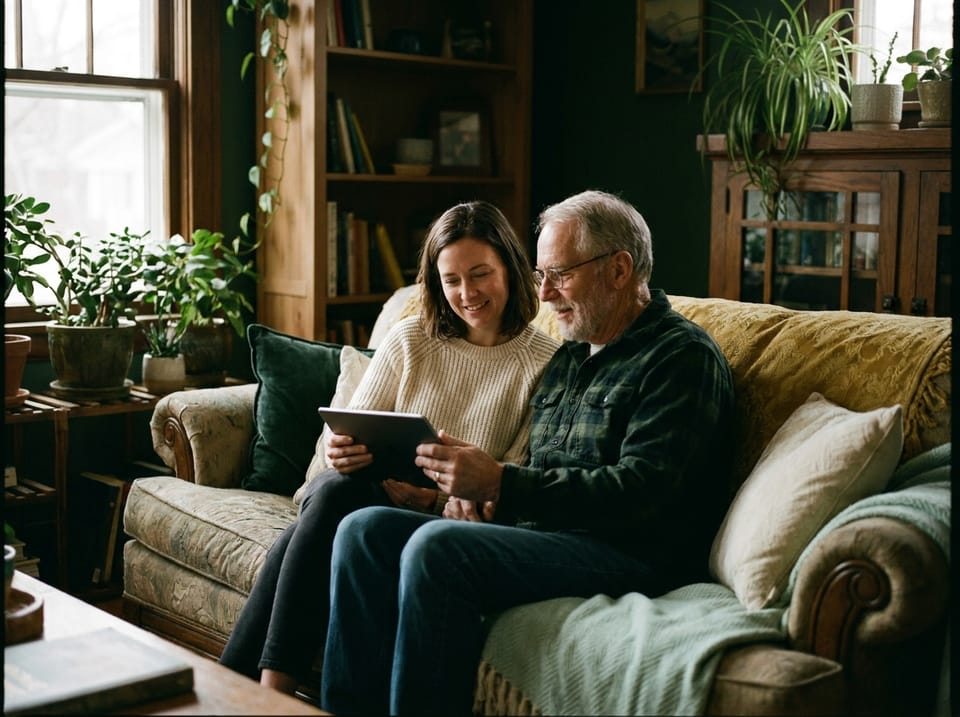 Two family members reviewing a tablet together on a sofa
