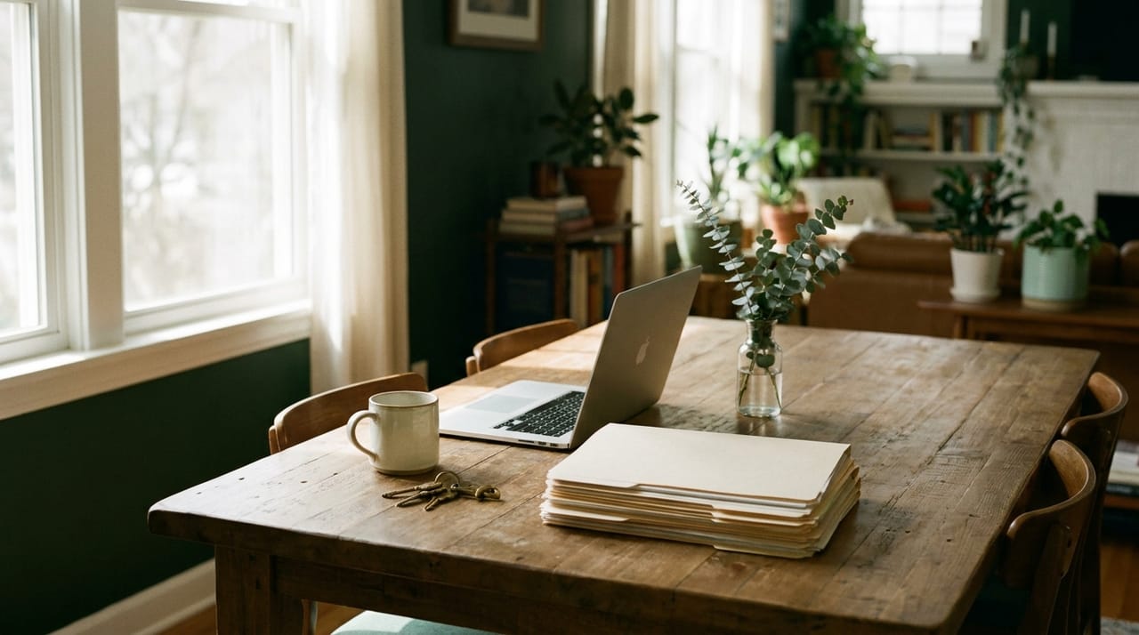 A tidy dining table used as a workspace, with folders and a laptop